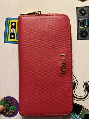 Fendi Red Zip-Around Wallet with Gold Logo